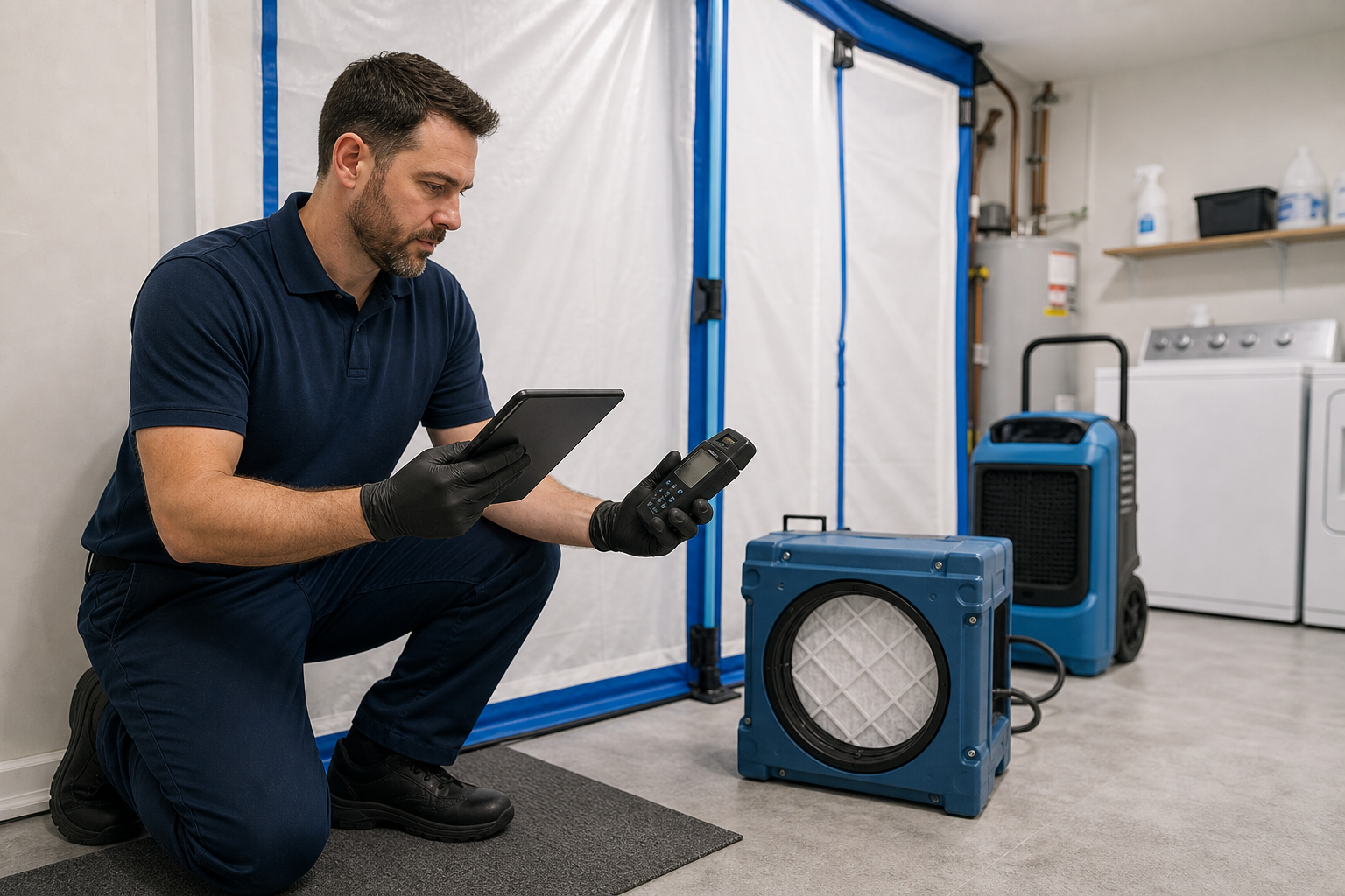 Technician documenting moisture readings beside containment and drying equipment