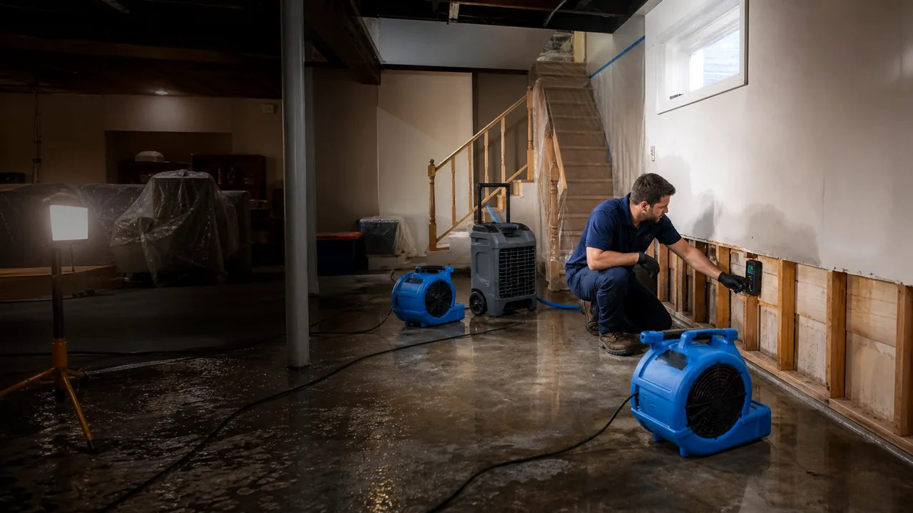Animated restoration response reel showing water extraction, smoke cleanup, and drying equipment